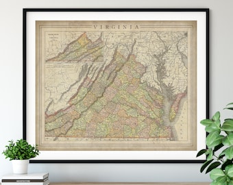 1897 Virginia Map Print, Vintage Map Art, Antique Map, Old Map, Virginia Wall Art, Virginia Art, Virginia Print, Moving Gift, State, County