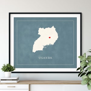 Art de carte personnalisé de l'Ouganda, coeur au-dessus de n'importe quelle ville, silhouette de carte de pays personnalisée, cadeau personnalisé ville natale amour impression voyage coeur carte décor