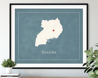 Benutzerdefinierte Uganda Karte Kunst, Herz über jede Stadt, individuelle Land Karte Silhouette, personalisierte Geschenk Hometown Liebe Druck Reise Herz Karte Dekor