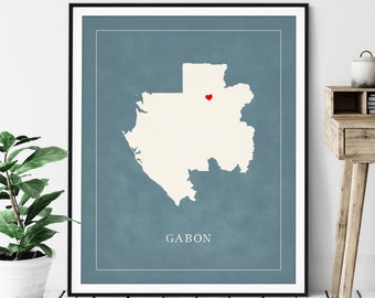 Custom Gabon Map Art - Heart Over ANY City - Customized Country Map Silhouette, Personalized Gift, Hometown Love Print, Travel Heart Map