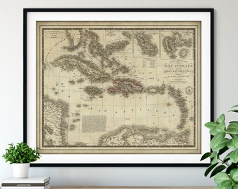 1828 West Indies Map Print, Vintage Map Art, Antique Map Wall Decor, History Gift, Bahamas, Haiti, Cuba, Puerto Rico, Map Wall Art