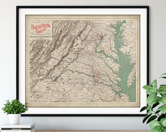 1892 Battlefields of Virginia Map Print - Vintage Civil War Battle Map Art, American History Gift, Antique Map Wall Art, Old Map Poster