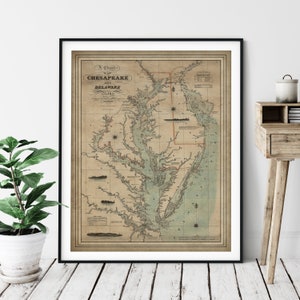 Impression de carte de la baie de Chesapeake 1862, art de la carte vintage, carte ancienne, carte ancienne, impression de la baie de Chesapeake, art mural de la baie de Chesapeake, Maryland, Delaware cadeau