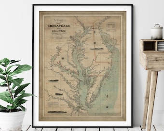1862 Chesapeake Bay Map Print, Vintage Map Art, Antique Map, Old Map, Chesapeake Bay Print, Chesapeake Bay Wall Art, Maryland, Delaware Gift