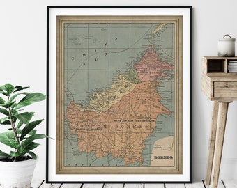 1901 Borneo Map Print, Vintage Map Art, Antique Map, Old Map, Borneo Island Wall Art, Borneo Poster, Indonesia Map, Brunei, Sarawak, Gifts