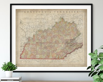 1897 Kentucky Map Print, Vintage Tennessee Map Art, Antique Map, Old Map, County Map Wall Art, State Map, Kentucky Art, Tennessee Print,