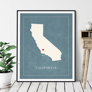 Custom California Map Art - Heart Over ANY City - Customized State Map Silhouette, Personalized Gift, Hometown Love Print, Travel Heart Map