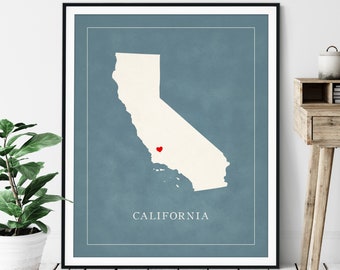 Custom California Map Art - Heart Over ANY City - Customized State Map Silhouette, Personalized Gift, Hometown Love Print, Travel Heart Map