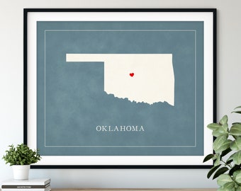 Custom Oklahoma Map Art - Heart Over ANY City - Customized State Map Silhouette, Personalized Gift, Hometown Love Print, Travel Heart Map