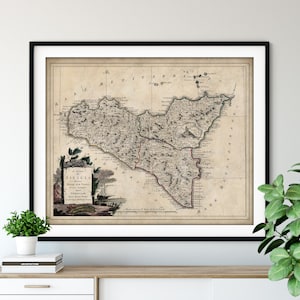 Impression de carte de la Sicile de 1782 - art de la carte de l'île sicilienne vintage, carte ancienne, affiche de carte ancienne, art mural de la Sicile, cadeau italien, carte topographique