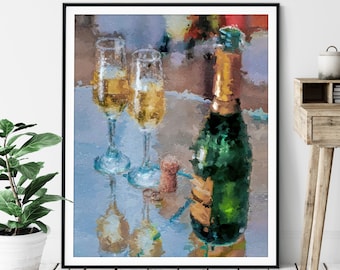 Champagne Print - "The Toast" - Oil Painting Poster, Kitchen Wall Art, Alcohol Wall Decor, Wet Bar Artwork, Game Room Art, Abstract Art