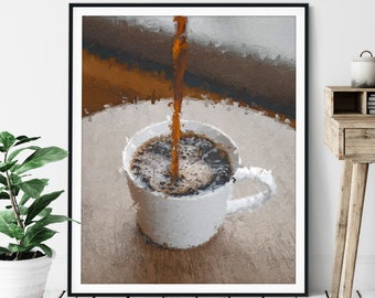 Coffee Pour Print - "Topped Off" Coffee Gift, Cafe Art, Coffee Bar Decor, Oil Painting Poster, Kitchen Wall Art, Breakfast Nook Wall Decor