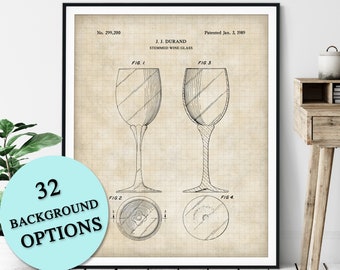 Stemmed Wine Glass Patent Print - Customizable Wine Glass Patent, Wine Lover Gift, Alcohol Poster, Bar Cart Decor, Champagne Art, Wine Art