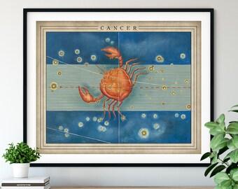 Antique Cancer Print - Astrology Art, Zodiac Wall Decor, Celestial Wall Art, Horoscope Gifts, Astrological Sign, Constellation Poster