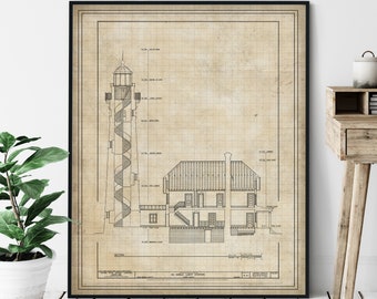 Au Sable Light Station Elevation Print - Lighthouse Art, Pictured Rocks National Lakeshore, Coastal Architectural Drawing, Lake Superior Art