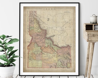 1897 Idaho Map Print, Vintage Map Art, Antique Map, Old Map, Idaho Wall Art, Idaho Art, Idaho Print, Idaho Gift, Idaho County Map, State Map