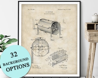 Antique Washing Machine Print - Customizable Blueprint Plan, Housewarming Gift, Clothes Clothing Laundry Room Wall Art, Home Wall Decor