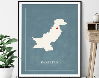 Custom Pakistan Map Art - Heart Over ANY City - Customized Country Map Silhouette, Personalized Gift, Hometown Love Print, Travel Heart Map