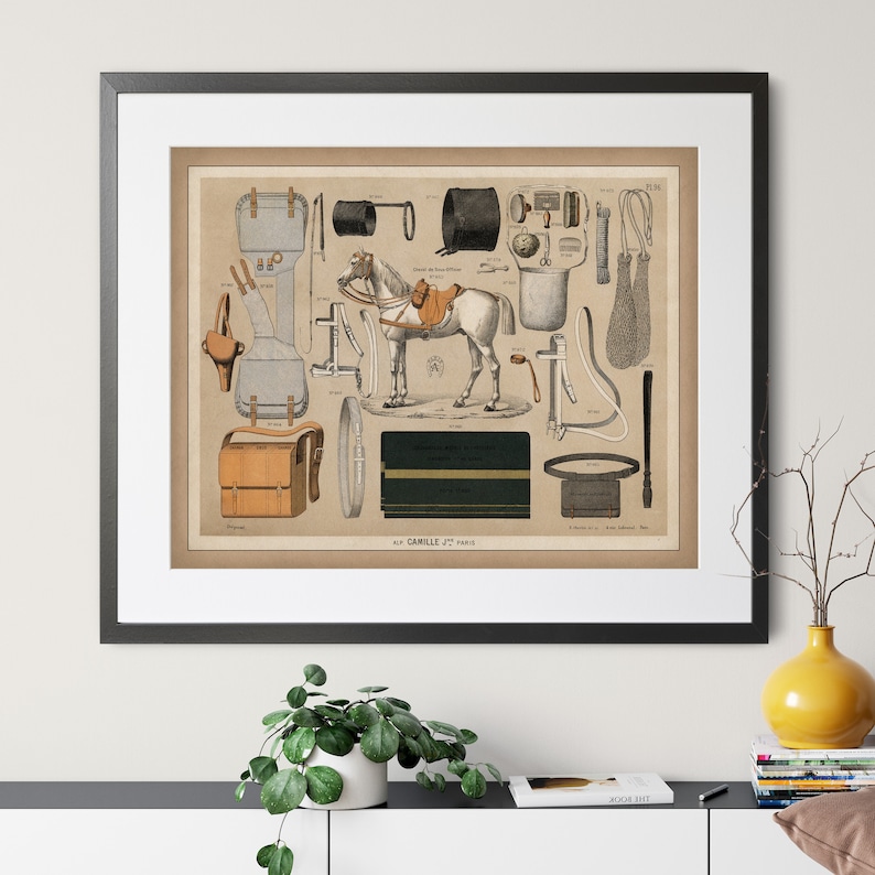 May include: A vintage illustrated diagram of horse riding equipment, including a saddle, bridle, stirrups, and other accessories. The image is in a black frame and features the text "Aux Camille Jt. Paris".