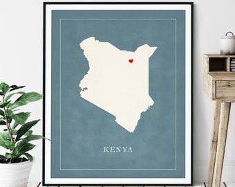 Custom Kenya Map Art - Heart Over ANY City - Customized Country Map Silhouette, Personalized Gift, Hometown Love Print, Travel Heart Map