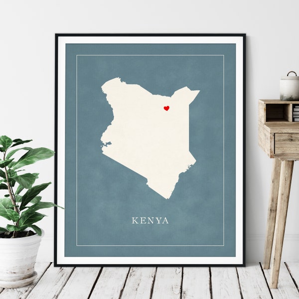 Custom Kenya Map Art - Heart Over ANY City - Customized Country Map Silhouette, Personalized Gift, Hometown Love Print, Travel Heart Map