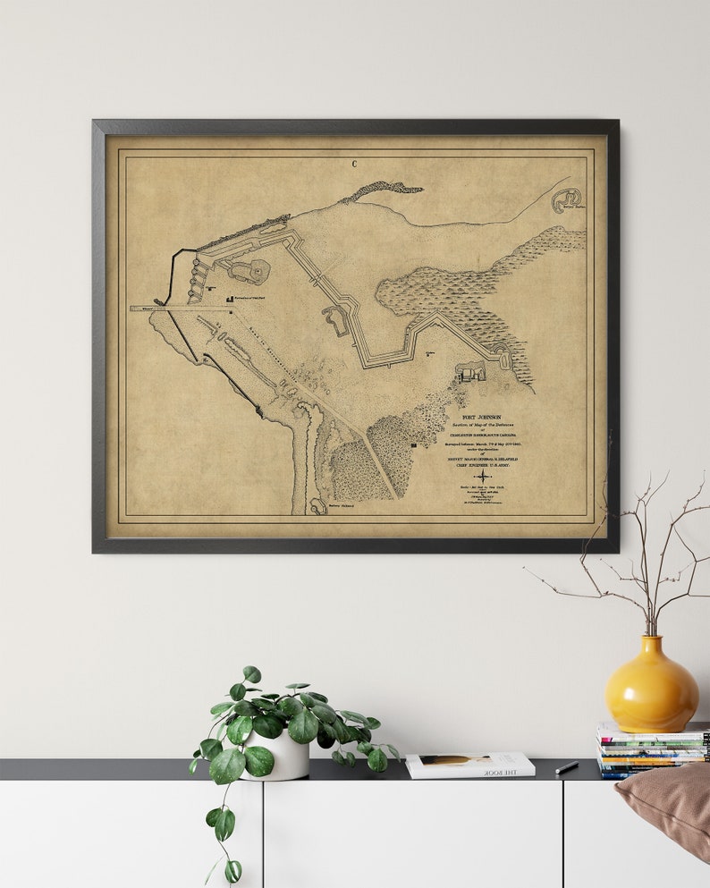 1865 Fort Johnson Map Print: Vintage Charleston Harbor SC Civil War Art ...