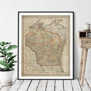 1897 Wisconsin Map Print, Vintage Map Art, Antique Map, Old Map, Wisconsin Wall Art, Wisconsin Art, Wisconsin Print, Gift, State, County image 1