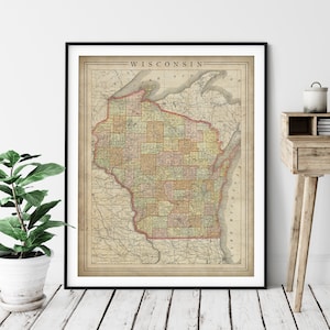 Impression de carte du Wisconsin 1897, art de la carte vintage, carte ancienne, carte ancienne, art mural du Wisconsin, Art du Wisconsin, impression du Wisconsin, cadeau, état, comté