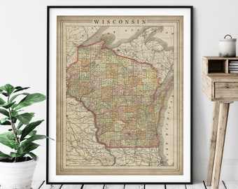 1897 Wisconsin Map Print, Vintage Map Art, Antique Map, Old Map, Wisconsin Wall Art, Wisconsin Art, Wisconsin Print, Gift, State, County