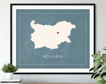 Custom Bulgaria Map Art - Heart Over ANY City - Customized Country Map Silhouette, Personalized Gift, Hometown Love Print, Travel Heart Map