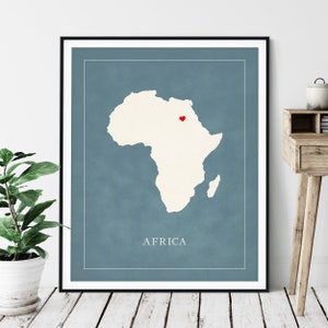 Custom Africa Map Art - Heart Over ANY City - Customized Country Map Silhouette, Personalized Gift, Hometown Love Print, Travel Heart Map
