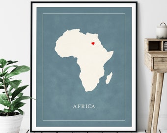 Custom Africa Map Art - Heart Over ANY City - Customized Country Map Silhouette, Personalized Gift, Hometown Love Print, Travel Heart Map