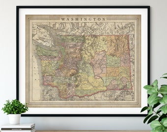 1897 Washington Map Print, Vintage Map Art, Antique Map, Old Map, County Map Wall Art, State Map, Washington Art, Washington Print, Gift