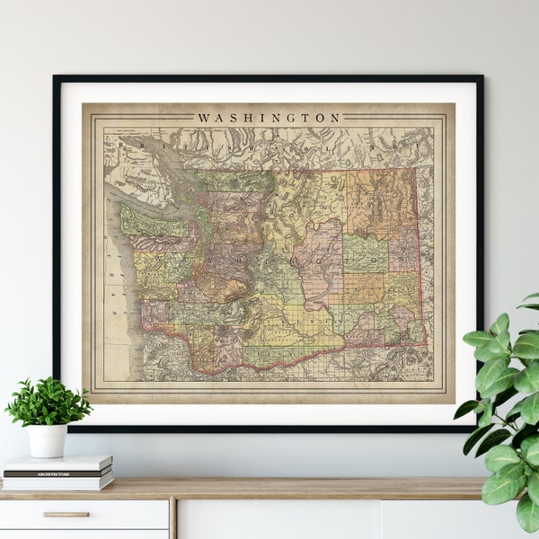 1897 Washington Map Print, Vintage Map Art, Antique Map, Old Map, County Map Wall Art, State Map, Washington Art, Washington Print, Gift