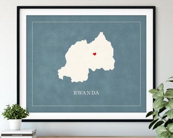 Custom Rwanda Map Art, Heart Over ANY City, Customized Country Map Silhouette, Personalized Gift, Hometown Love Print Travel Heart Map Decor