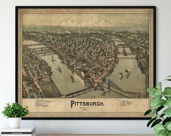 1902 Pittsburgh Pennsylvania Birds Eye View Print - Vintage Map Art, Antique Map Print, Aerial View Poster, Historical Art, PA Wall Art