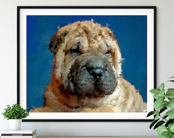 Shar Pei Print, Fawn Shar Pei Art, Shar Pei Gifts, Dog Portrait, Cute Pet Oil Painting, Dog Lover Gift, Dog Decor, Dog Dad Wall Art, Hallway