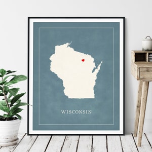 Art personnalisé du Wisconsin - coeur sur n'importe quelle ville - silhouette de carte d'état personnalisée, cadeau personnalisé, impression amour ville natale, carte coeur de voyage