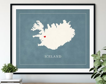 Custom Iceland Map Art - Heart Over ANY City - Customized Country Map Silhouette, Personalized Gift, Hometown Love Print, Travel Heart Map