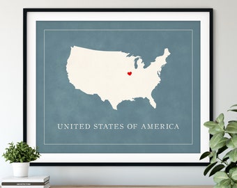 Custom United States of America Map Art - Heart Over ANY City, Customized Country Silhouette, Personalized Gift, Hometown Love, Travel Heart