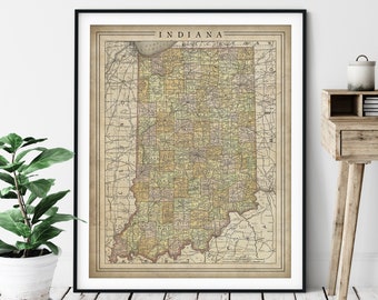 1897 Indiana Map Print, Vintage Map Art, Antique Map, Old Map, Indiana Wall Art, Indiana Art, Indiana Print, Moving Gift, County Map