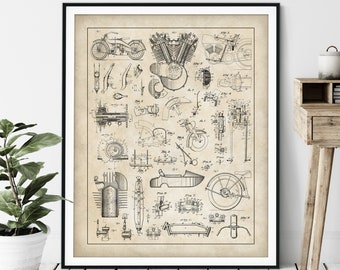 Motorcycle Collage Print - Customizable Motorcycle Blueprint, Biker Gift, Motorcycle Patent Poster, Garage Wall Decor Vintage Motorcycle Art