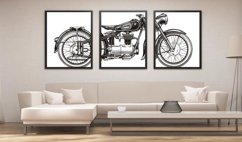 Motorcycle Print Set Panel Art Wall Man Cave Decor Large Gifts For Him Office