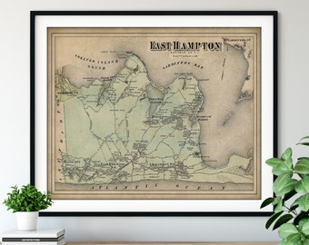 1873 East Hampton Map Print - Vintage Long Island NY Map Art, Antique Map, Old Map Poster, New York Wall Art, Wainscott Amagansett, Hamptons