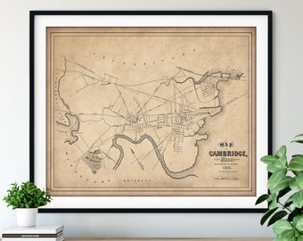 1838 Cambridge, Massachusetts Map Print - Vintage Map Art, Antique Map, Old Map Poster, Atlas Wall Art, College City Street Map, Mt Auburn