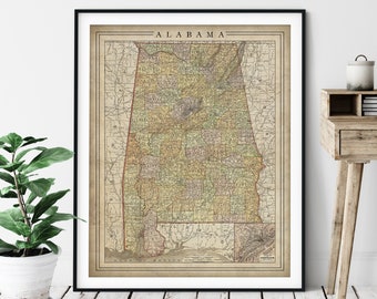 1897 Alabama Map Print, Vintage Map Art, Antique Map, Old Maps, Alabama Wall Art, Alabama Art, Alabama Print, Alabama Gift, County Map