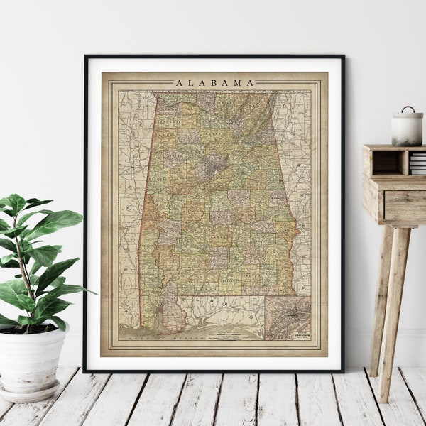 1897 Alabama Map Print, Vintage Map Art, Antique Map, Old Maps, Alabama Wall Art, Alabama Art, Alabama Print, Alabama Gift, County Map