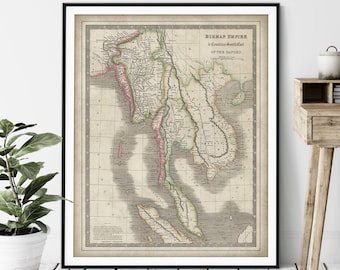 1844 Birman Empire Map Print - Vintage Map Art, Antique Map, Old Map Poster, History Buff Gift, History Teacher Wall Art, Cambodia, Sumatra