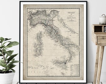 1840 Italien Karte Drucken - Vintage Sizilien Karte Kunst, antike Karte, alte Karte Poster, Sardinien Wandkunst, italienische Sendekunst, Malta, Korsika, Neapel, Toskana