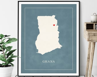 Custom Ghana Map Art - Heart Over ANY City - Customized Country Map Silhouette, Personalized Gift, Hometown Love Print, Travel Heart Map